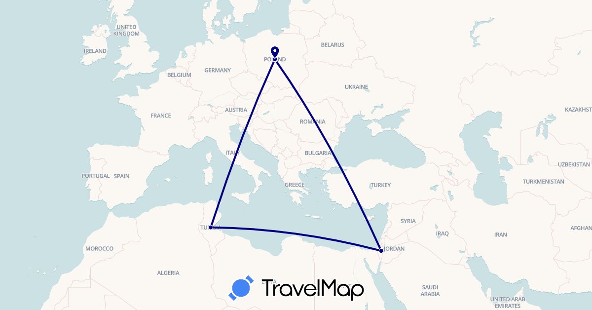 TravelMap itinerary: driving in Israel, Poland, Tunisia (Africa, Asia, Europe)